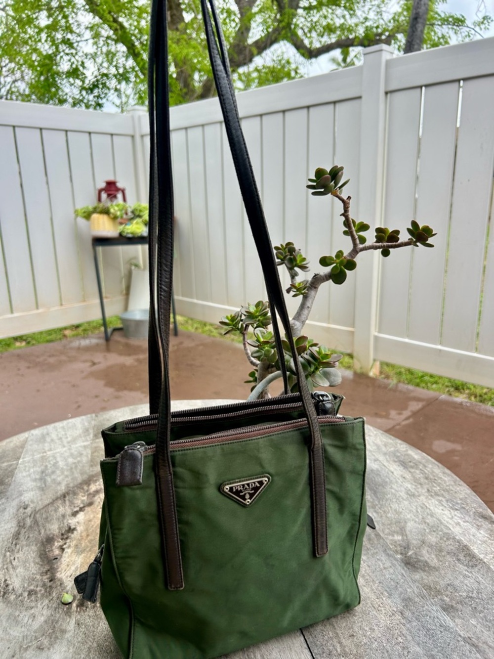 Authentic Prada  Vintage Olive Green Nylon Tote with Dark Brown Leather Straps